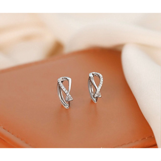 348-925 sterling silver needle geometric winding earrings ต่างหูห่วงกลมแบบล็อค ด้านหน้ารูปทรงเกลียวประดับเพชร