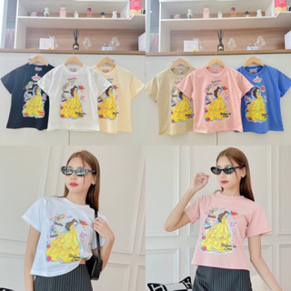 เสื้อยืดครอปแขนสั้น Baby tee ลาย Belle belive in love