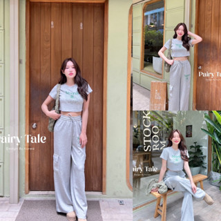 Code : M9 Pairytale Set ชุดเซ็ตเสื้อครอปแขนสั้น กางเกงขายาวสีเทา สำหรับผู้หญิง ไซส์ S-XL