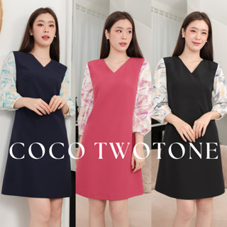 VITAVADEE Coco Dress Twotone ชุดเดรสคอวีแขนยาวตัดต่อผ้าพิมพ์ลาย