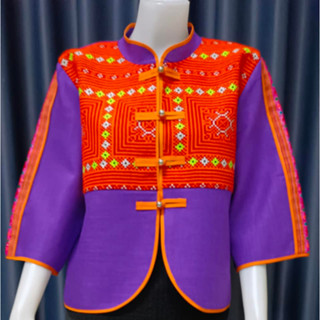 เสื้อคลุม สีม่วงไทย ลายปักส้ม ปักด้นมือ