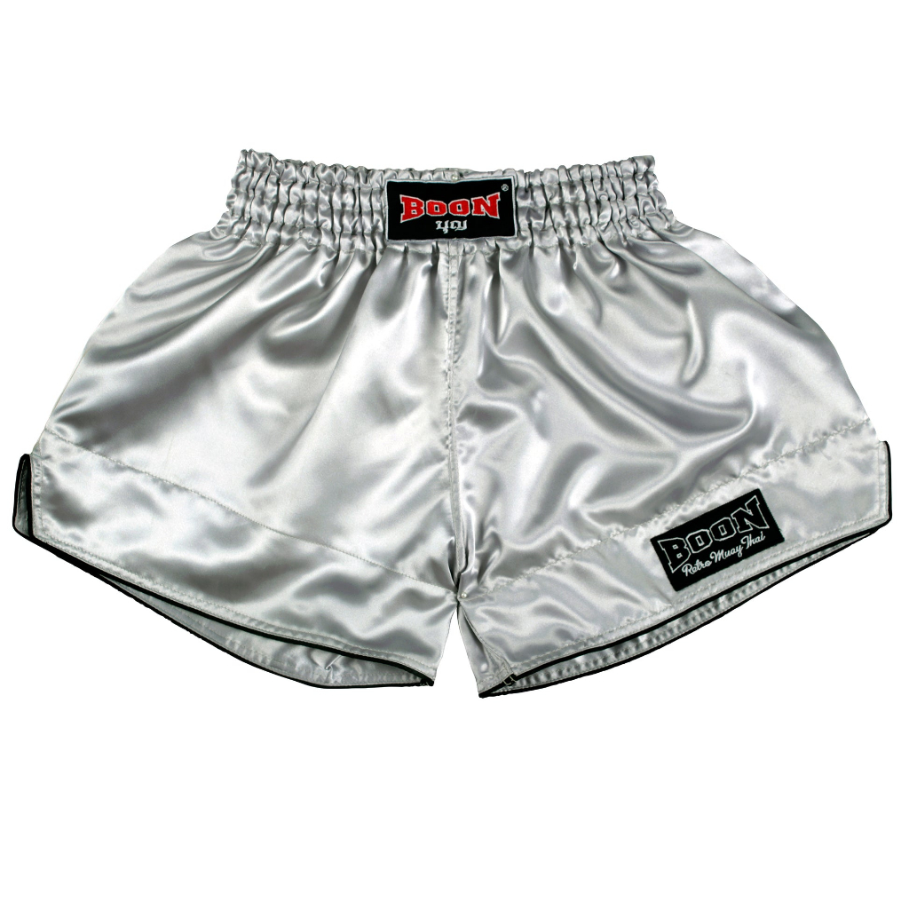 RSSV Retro Muay Thai Shorts SILVER กางเกงเรทโทรมวยไทยสีเงินเส้นดำ