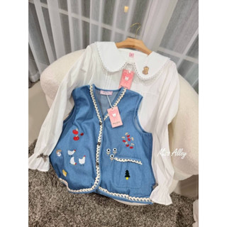 เซตเสื้อคอบัวปักหมี เสื้อกั๊กยีนส์ 🩵🤍🧸ป้าย miss Alley