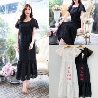 เดรสดำออกงาน!!! M-4XL Maxi Dress เดรสสีดำผ้าฉลุลายแขนปีกค้างคาว งานป้าย Love love