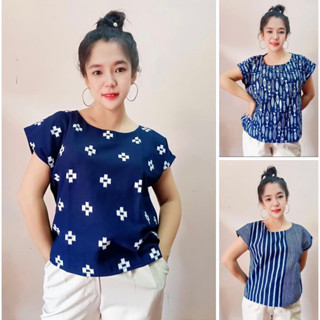 เสื้อผ้าฝ้ายพิมพ์ลาย แขนล้ำ เสื้อคอกลม ฟรีไซส์ อก 32-40” ใส่ได้ ยาว 19-20” หน้าผ้า 42"