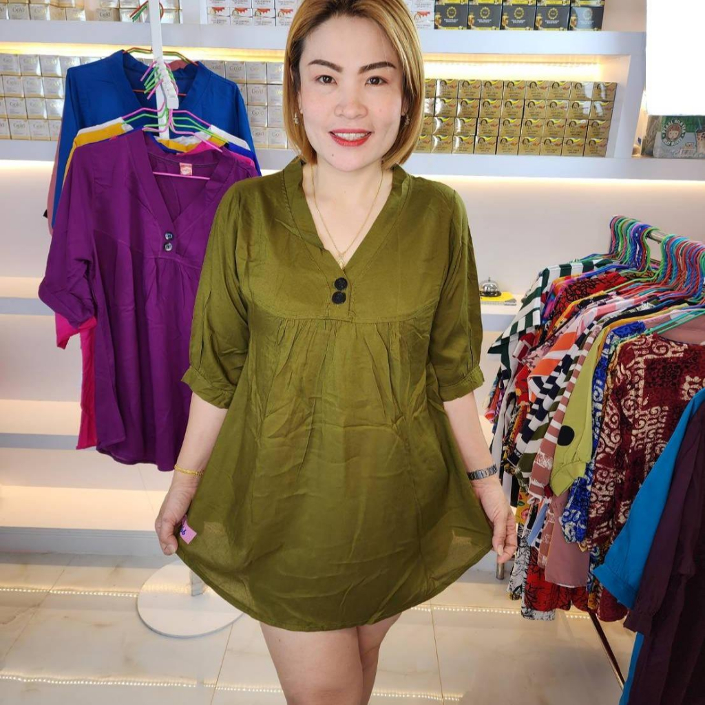 ช66---คอวีสีพื้นแขน5 ส่วน ฟรีไซ้46" ผ้าสปัน เสื้อยาว 32"