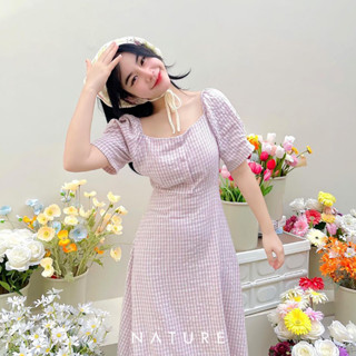 🍎 ลด45.-โค้ดWYQESS🍋nature.bkk - DRN1280 เดรสสก็อตยาวแขนพอง Puff-sleeve scott dress