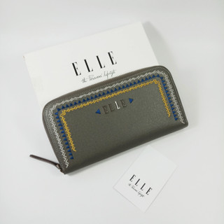 กระเป๋าสตางค์ผู้หญิง ELLE สีเทา ใบยาว ซิปรอบ ลายปัก หนังลาย ของใหม่ ของแท้100%