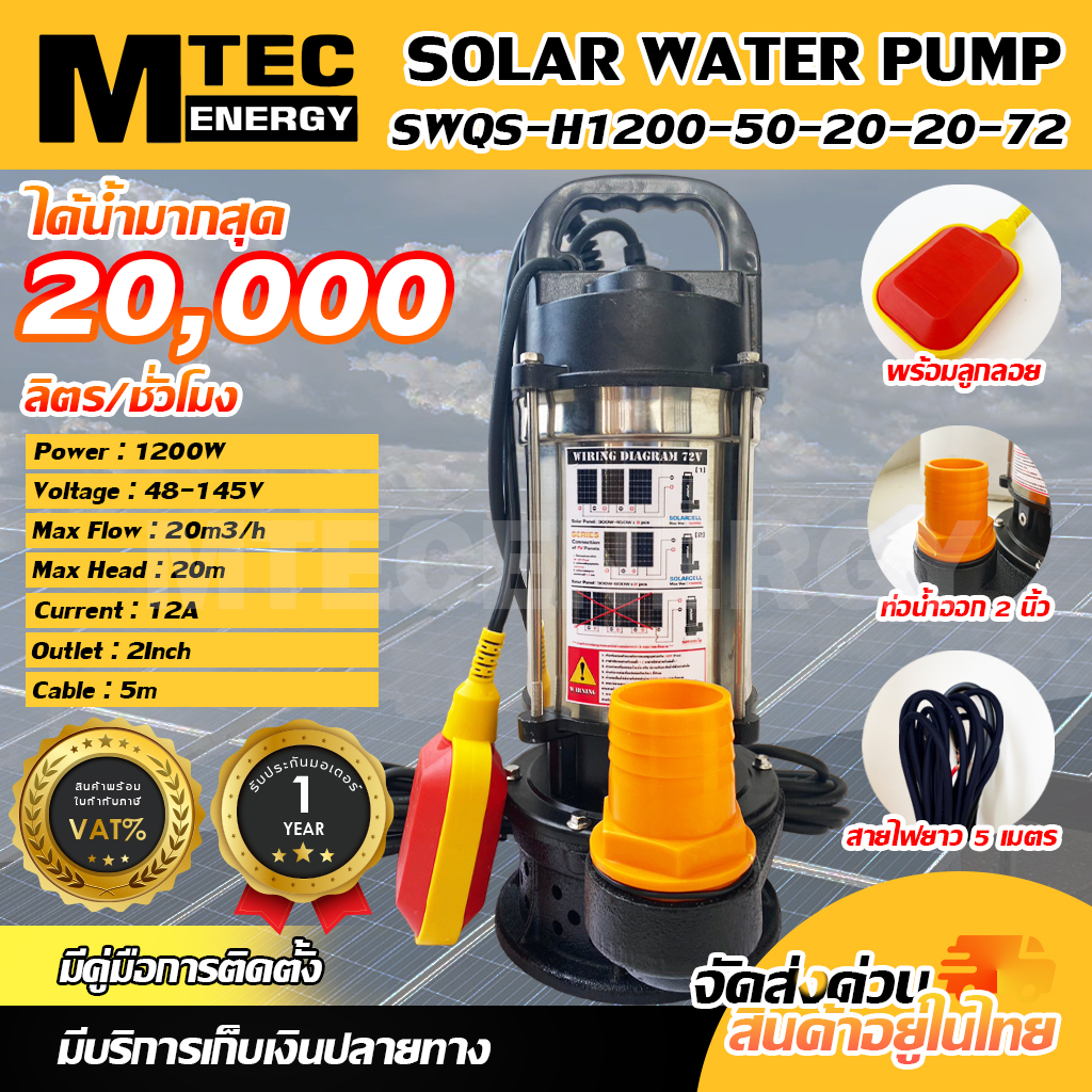 (NEW) ปั๊มจุ่มไดโว่โซล่าเซลล์  Model : SWQS-H1200-50-20-20-72 ท่อ 2 นิ้ว มีลูกลอย