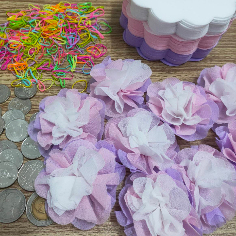ห่อได้100เหรียญ เซ็ต3ชั้น กระดาษสาห่อเหรียญโปรยทานพร้อมหนังยาง ไล่สีพาสเทล[ขอบดอกไม้สีม่วง-ชมพู] ราคาถูก ขายส่ง