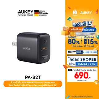 AUKEY PA-B2T หัวชาร์จเร็ว Omnia™ II Series 45W With GaN Power Tech หัวชาร์จเร็ว iPhone 14/13/12 Series สำหรับ iPhone, Android, Laptop เทคโนโลยี PD และรองรับ PPS 25W รุ่น PA-B2T