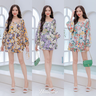 เซ็ต2 ชิ้น เสื้อแขนยาว คอเหลี่ยม คู่กับ กางเกงขาสั้น ชุดเซต ชุดเซ็ท Yunaka