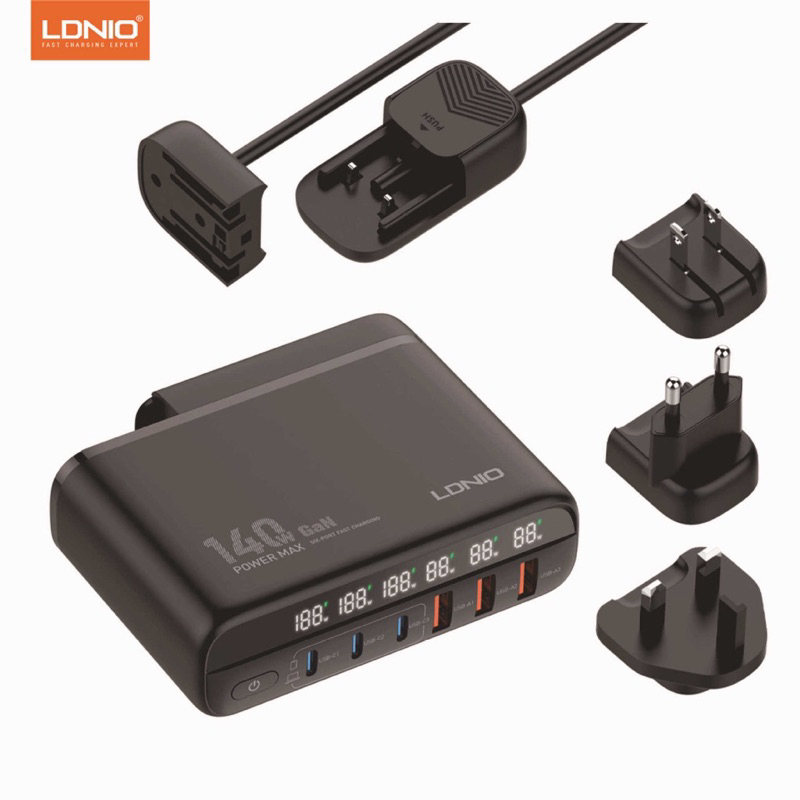 （LDNIO ） A6140C    140W การชาร์จเร็วสุด ๆ 6 พอร์ต อะแดปเตอร์โน้ตบุ๊ก USB-C & USB-A PD & GaNFast สามป