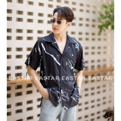 เสื้อเชิ้ต ES6 สีดำผ้าไหมอิตาลีพรีเมียม ลายหินอ่อน เนื้อผ้านิ่มสบาย แพทเทิร์นดี ทรงดีมาก