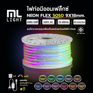 ไฟเส้น LED 220V Neon Flex 5050 เปลี่ยนสี RGB ม้วนละ50เมตร ขนาด 9x18mm สามารถกดปุ่มเปลี่ยนเป็นแสงนิ่งและโหมดไฟได้ 8 โหมด