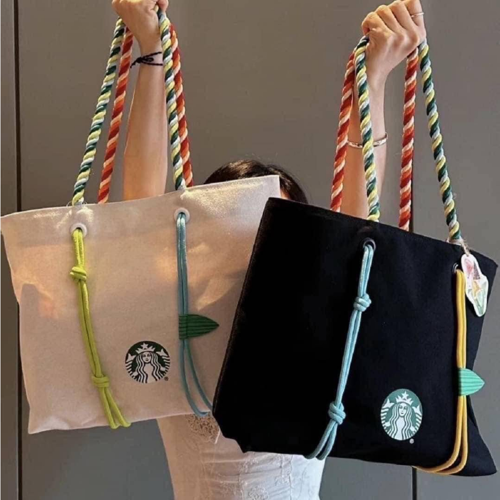 ✨พร้อมส่งจากไทย✨ กระเป๋าผ้าแคนวาส Starbucks Tote Bag รุ่นใหม่ใบใหญ่สะใจ แบกของได้สุดๆ มี 2 สี : ดำ ครีม