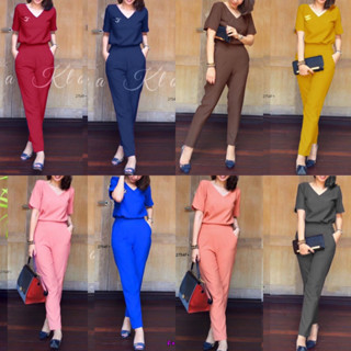 2754❤️set2ชิ้น เสื้อคอวีแขนสั้น + กางเกงขายาวเข้าเซ็ทมีกระเป๋าล้วง