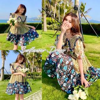 🌻 Sunflower Dress 🌻 เดรสคอบัวลายดอกไม้ แต่งกุ๊นระบายปก โทนสีเหลือง เดรสลายดอกไม้ งานป้าย