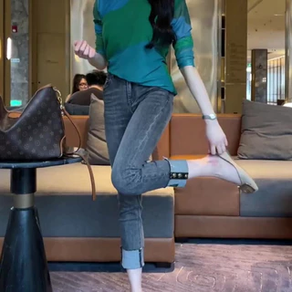 GHAOHES🌷 กางเกงยีนส์ยืด 🌷 S-5XL สาวอวบ 👖การออกแบบพับขากางเกง ลมเกาหลี