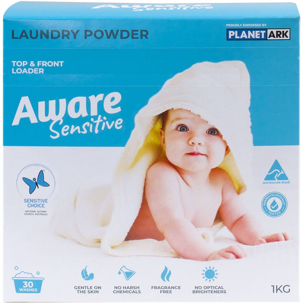 ผลิตภัณฑ์สำหรับซักผ้าชนิดผง Aware Sensitive Laundry Powder ขนาด 1 kg ผงซักฟอก ปราศจากสารก่อภูมิแพ้ และคันระคายเคืองผิว