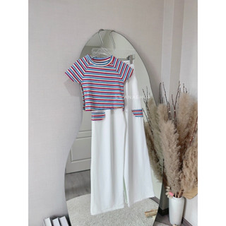 “ Rainbow cargo set “  🍭🍭เสื้อยืดครอป+กางเกงขายาวคาโก้  - Swanashop