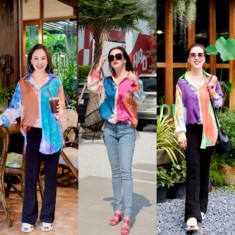 Lynlalinเสื้อเชิ๊ตคอปกติดกระดุมเรียงด้านหน้า เสื้อเชิ๊ตผ้าซาตินคัดเกรดเนื้อเงาเล่นสีสวย รุ่น Silk Kanok