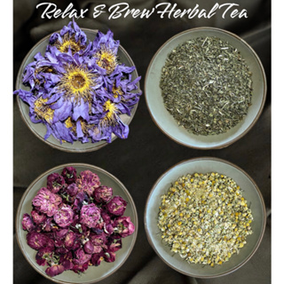 RELAX &amp; BREW HERBAL TEA : Organic Mullein Tea, Blue Lotus Tea, Chamomile Tea, Rose Tea, FREE REUSABLE MUSLIN TEA BAG ชาม