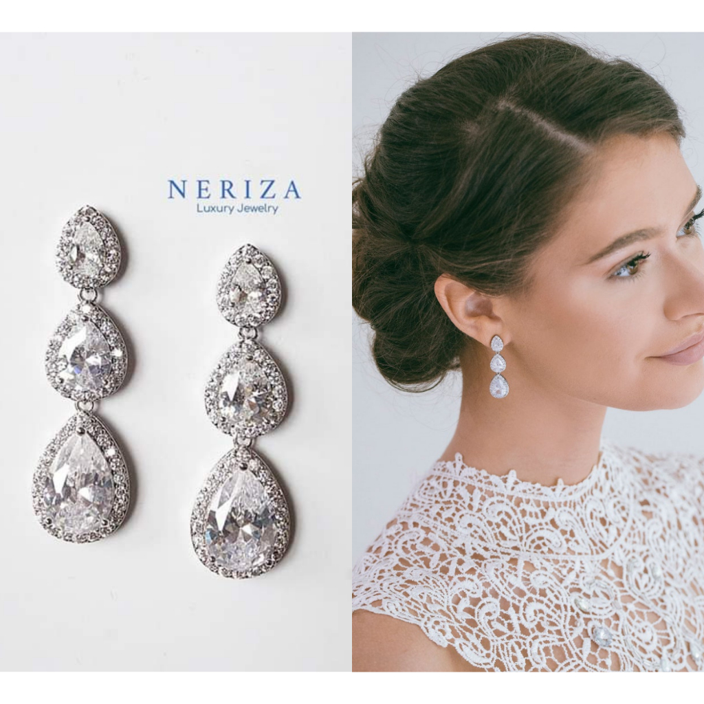 Neriza Jewelry/ ต่างหูเพชรสังเคราะห์ประกายไฟเทียบเท่าเพชรแท้ เกรดพรีเมี่ยม พร้อมกล่อง NE066