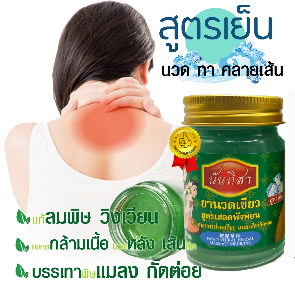 ยาหม่อง ยานวดเขียวเสลดพังพอนสูตรเย็น ตรานันทิสา บรรเทาอาการหวัดคัดจมูก ปวดเมื่อย ปวดบวม กล้ามเนื้ออั