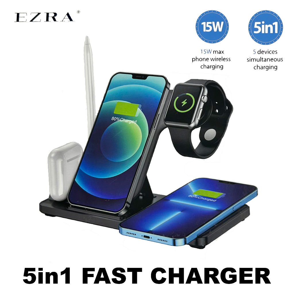 EZRA แท่นชาร์จไร้สาย 5in1 Wireless Charger ชาร์จเร็ว สามารถชาร์จโทรศัพท์/นาฬิกา/หูฟัง/ปากกา พร้อมไฟ 