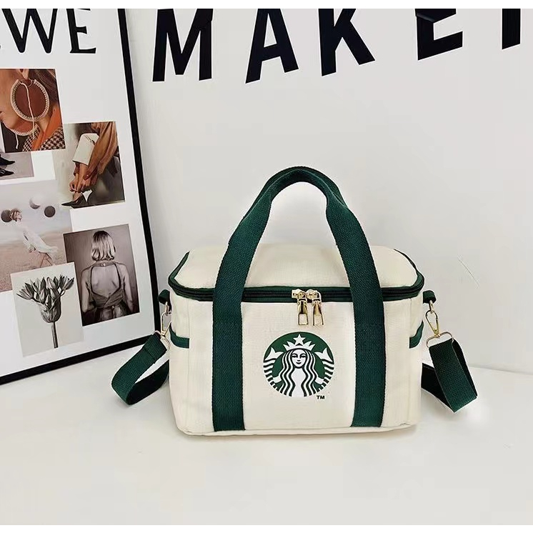 Starbucksกระเป๋าเครื่องสำอางผ้าแคนวาส สามารถถือร่ม กระเป๋าใส่มือถือพกพา กระเป๋าอเนกประสงค์Toteก Bag