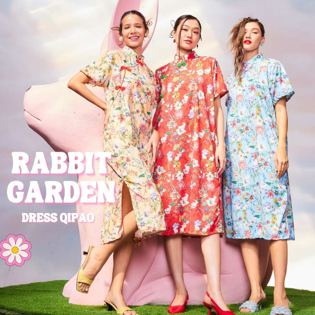 THONGYOY-Dress qipao rabbit garden เดรสกี่เพ้าน่ารักๆฟรีไซส์ ชุดคอจีนลายดอก ชุดเดรสเเขนสั้น ชุดเดรสสาวอวบ