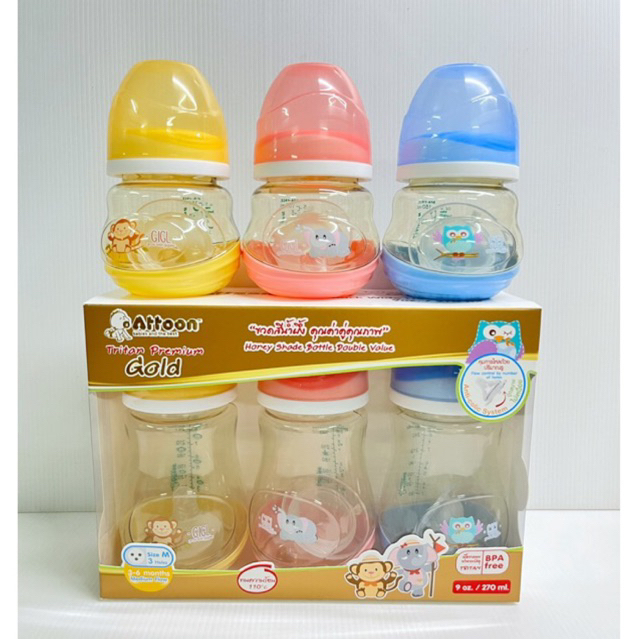 Attoon ขวดนมคอกว้าง สีชา Tritan แพ็ค 3 ขวด พร้อมจุกเสมือนนมแม่ ช่วยควบคุมอัตราการไหล