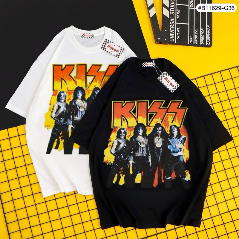 🌟STF_SHOP🌟เสื้อยืดOVERSIZE แขนสามสวนคอกลม ผ้าcotton ลายวงKISS อก 46 ยาว 28  งานดำ-ขาว Unisex ใส่ได้ท