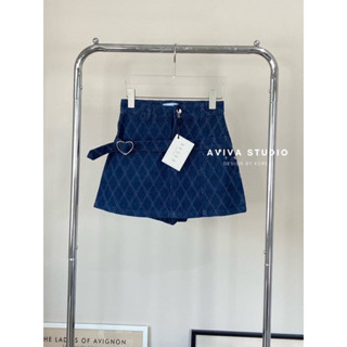 🇰🇷AVIVA - กางเกงกระโปรงทอลาย แต่งคาดเข็มขัดหัวใจ