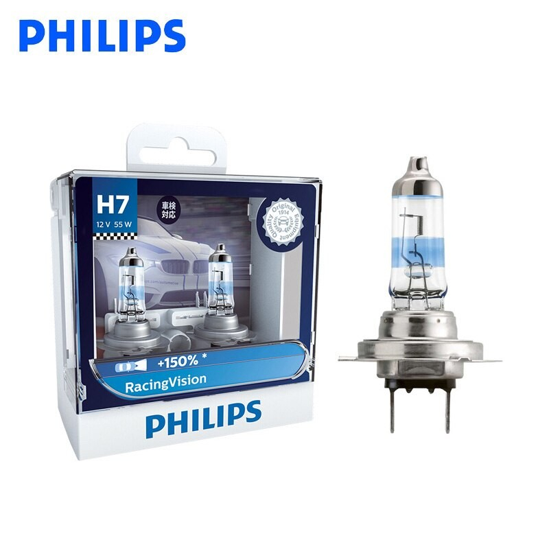 Philips หลอดไฟหน้ารถยนต์ Racing Vision+150% 3700K H7 ของแท้ 100% 2 หลอด/กล่อง จัดส่ง ฟรี