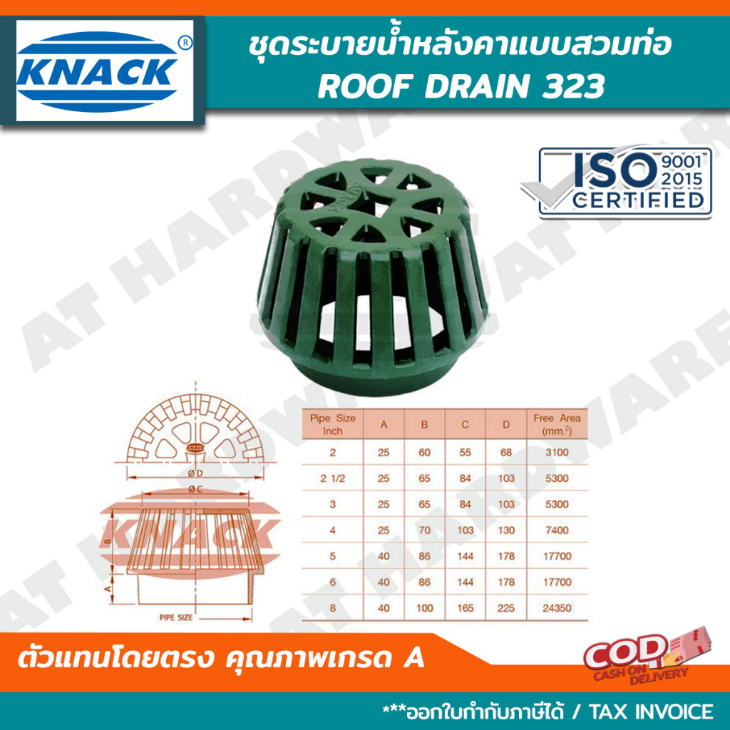 KNACK Roof Drain 323 รูฟเดรน เหล็กหล่อ ชุดระบายน้ำหลังคา หัวรับน้ำฝน 2" 2.5" 3" 4"