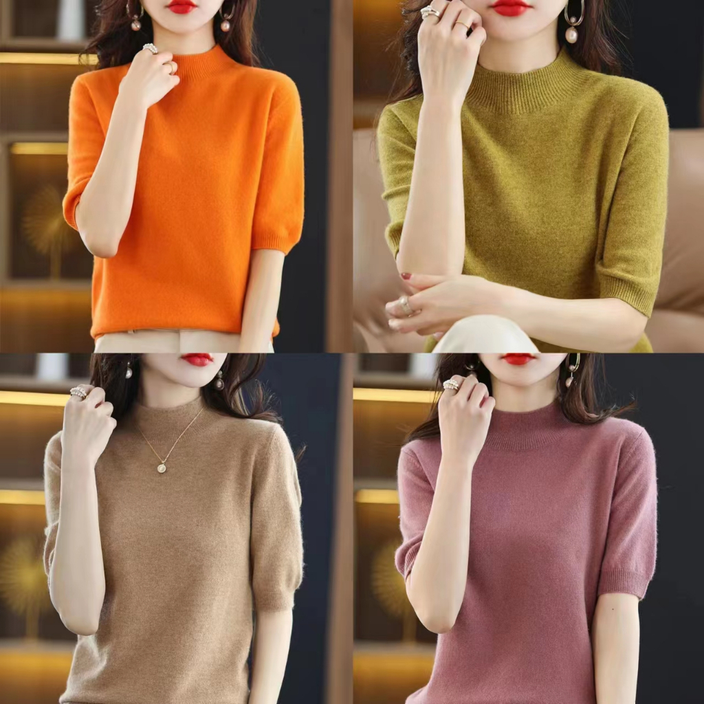 เสื้อยืดไหมพรมผู้หญิง（มี17สี）เสื้อแฟชั่นสีพื้น ผ้านิ่มใส่สบาย แขนสามส่วน คอเต่า