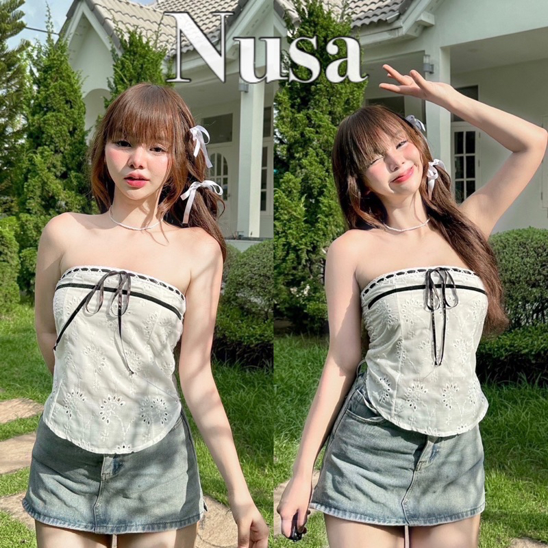 Nusa style เสื้อเกาะอกแต่งลูกไม้ริบบิ้น สม๊อคหลังซิปข้าง🎀✨