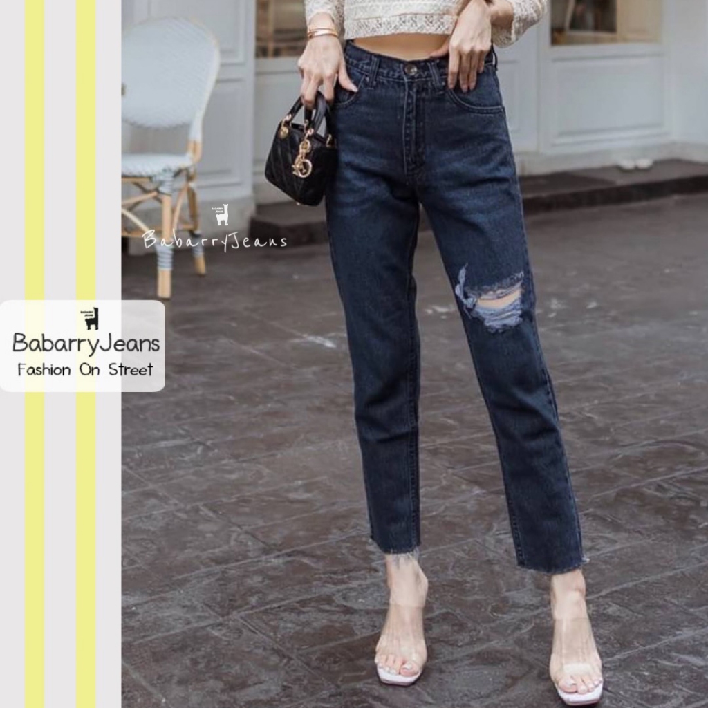 BabarryJeans มีบิ๊กไซส์ (S-5XL) กางเกงยีนส์ ขายาว เอวสูง ทรงบอยเฟรน ผญ แต่งขาด เก็บพุงสวย สีดำมิทไนท์