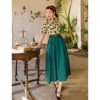 Z034 TARA Skirt กระโปรงยาว จับจีบทวิส เอวสม็อก ดีเทลแต่งกระดุมหน้า ดีไซร์เก๋ งานวินเทจ เนื้อผ้าซาร่า ผ้าสวย ใส่สบาย