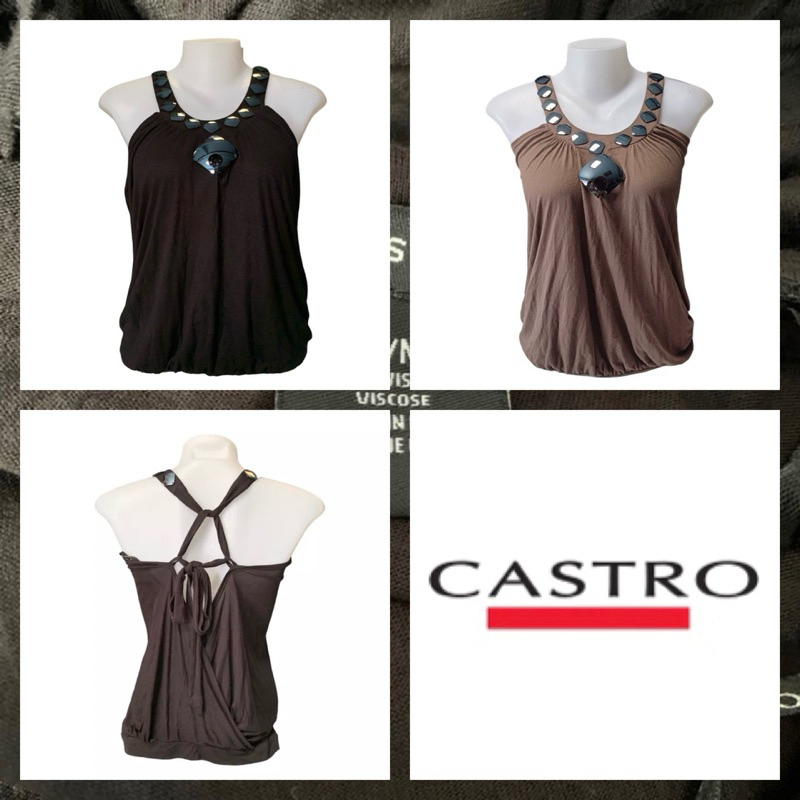 Castro ( GC11 ) เสื้อยืดสายเดี่ยวไขว้หลัง มีปักจิวเม็ดสีดำรอบคอ สามารถปรับวายคอได้