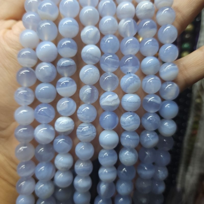 บลูเลซอาเกตธรรมชาติเกรด3A Natural Blue lace agate หินเส้นยาว ความยาวประมาณ38cm หินนำโชคราคาส่ง