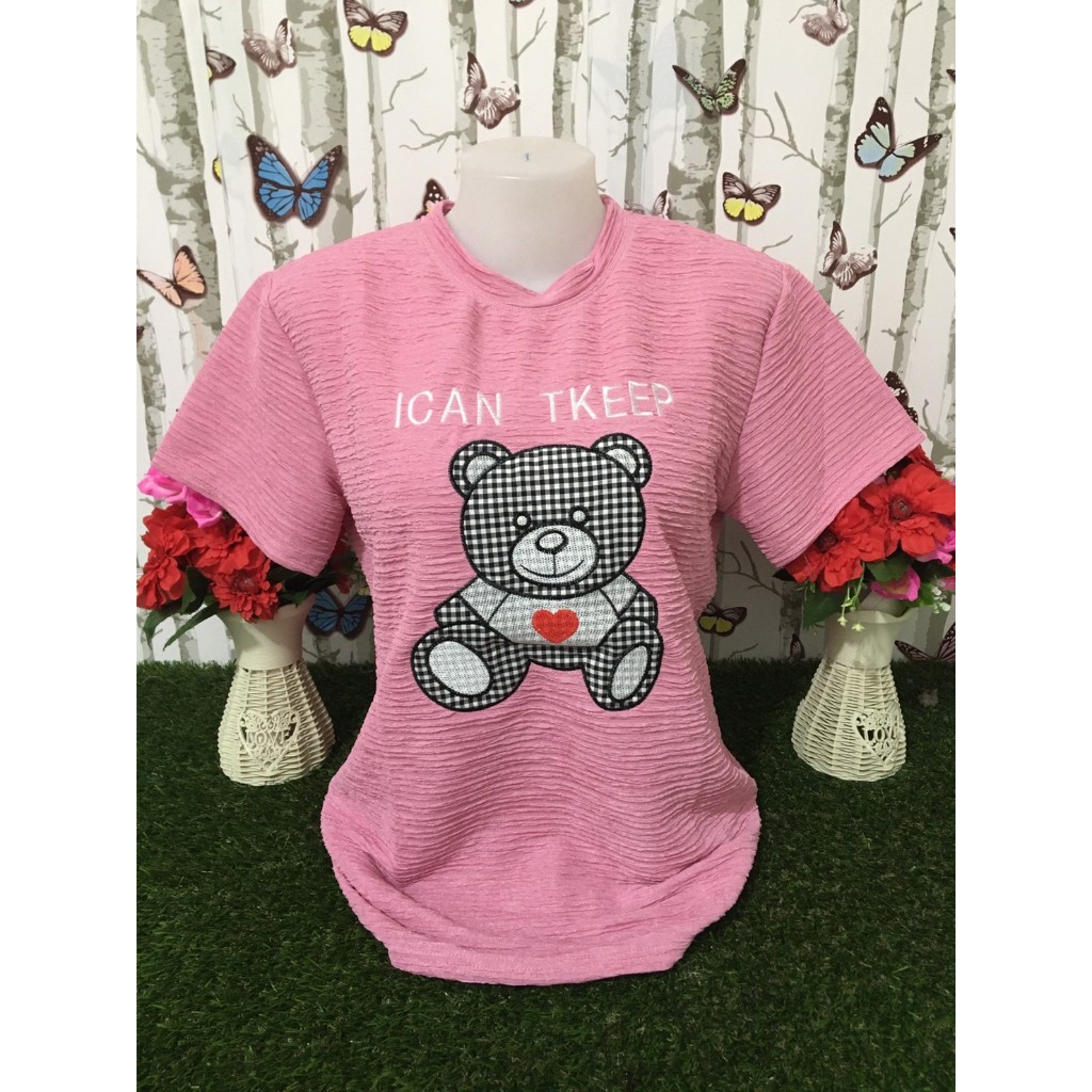 เสื้อแฟชั่นคอกลมแขนสั้น ผ้าทอฟฟี่สีพื้น อก 40นิ้ว ลายปักน่ารัก ผ้าใส่สบายมาก รุ่น1701-2-หมี