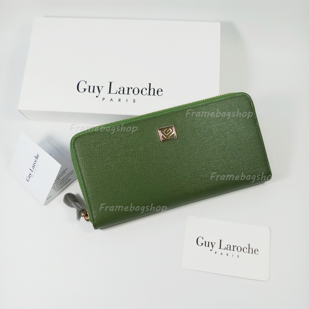 Guy Laroche กระเป๋าสตางค์ผู้หญิงใบยาว ซิปรอบ สีเขียว หนังลาย อะไหล่สีทอง หนังแท้ 100%