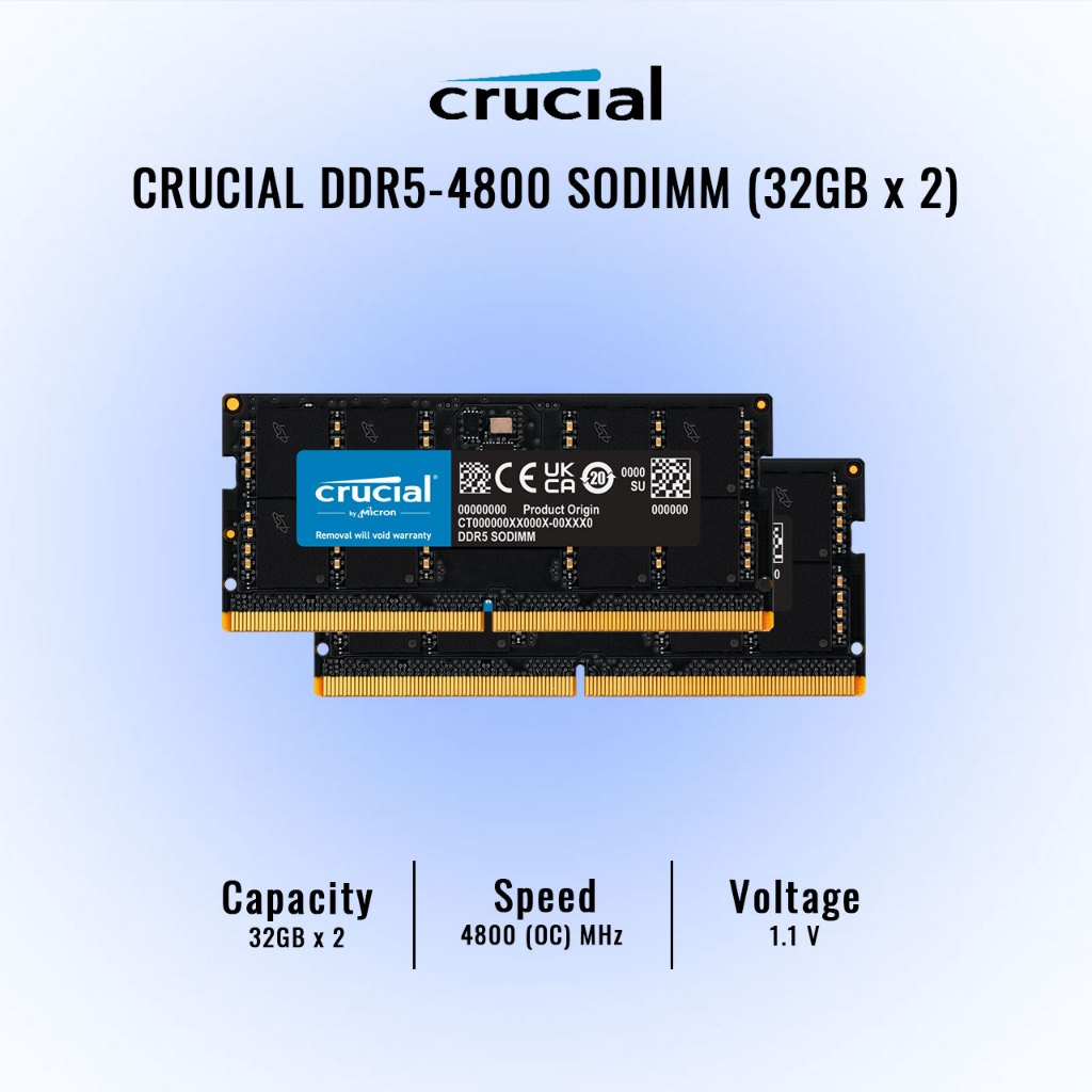 Crucial RAM 64GB Kit (2x32GB) DDR5 4800MHz CL40 SODIMM