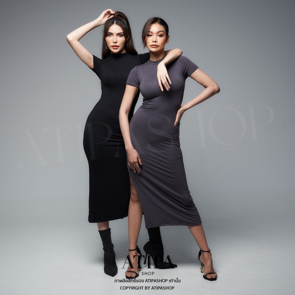 Atipashop - SLAY DRESS เดรสยาว คอปีน ผ่าข้าง ผ้า2ชั้น