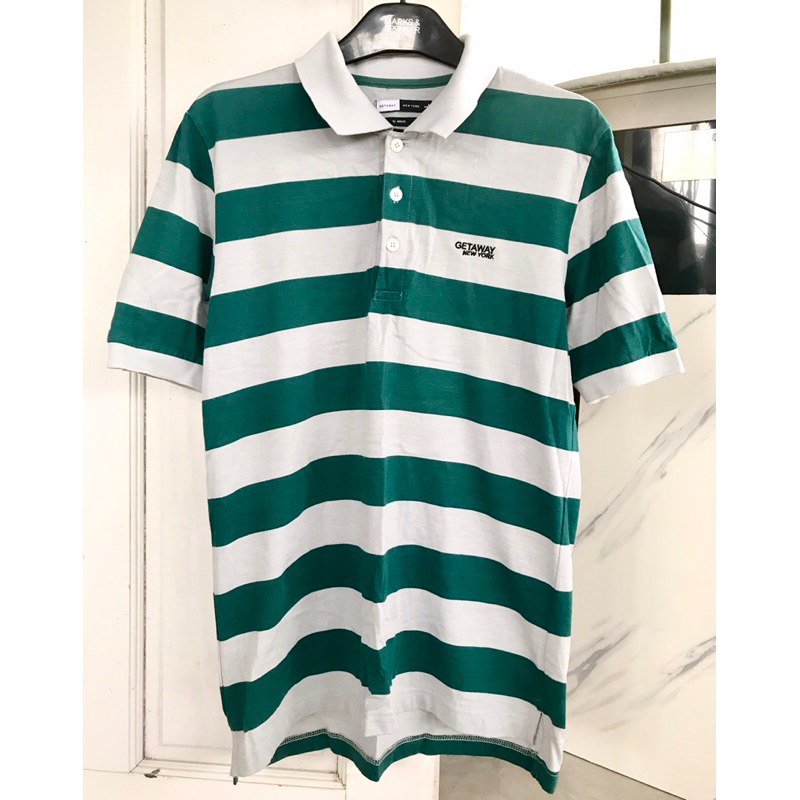 เสื้อ เสื้อโปโล GETAWAY NEW YORK By ARROW ลายทาง สีเทา-เขียว (มือสอง) อก 36 นิ้ว BASIC FIT