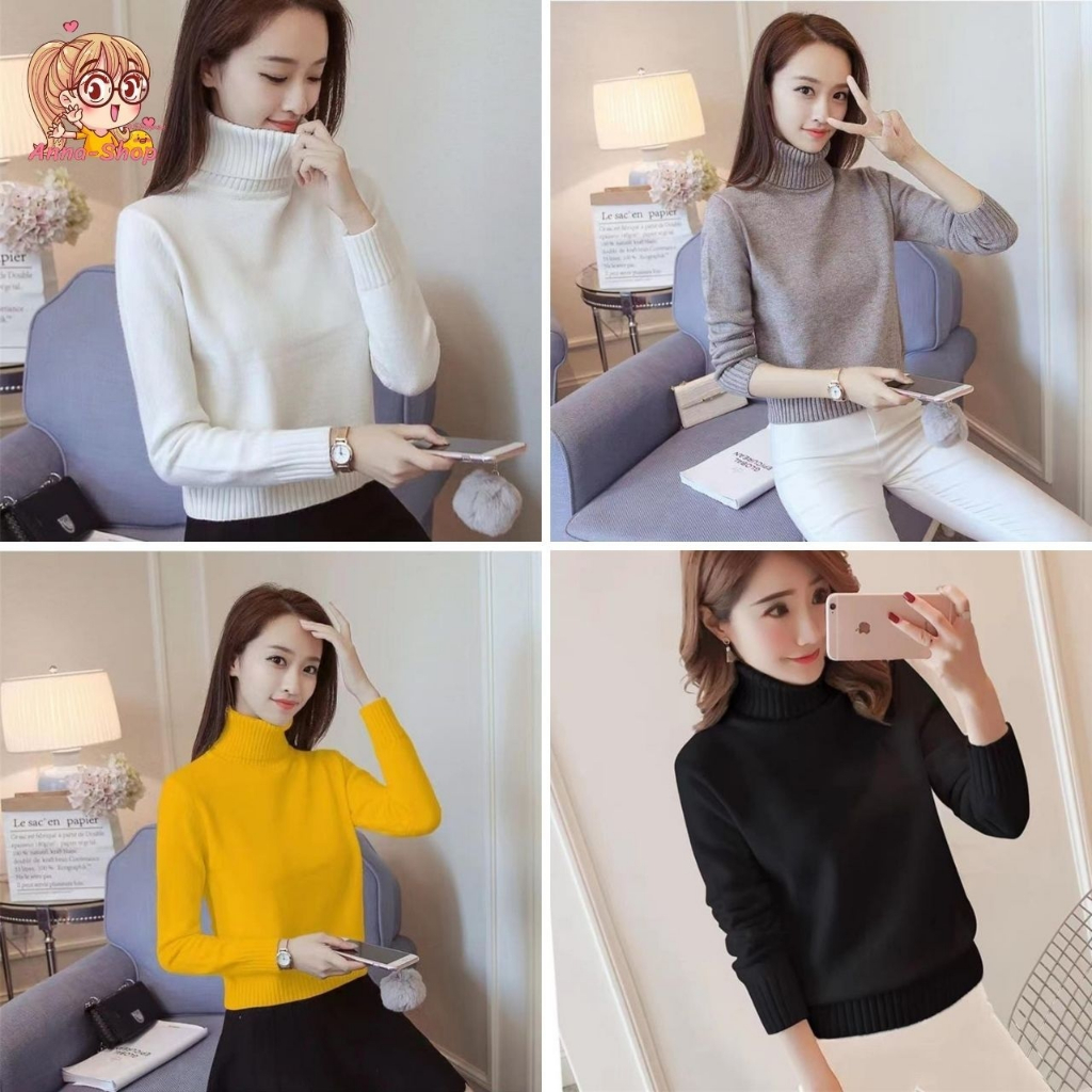 annacny เสื้อไหมพรม คอเต่า แขนยาวสีพื้น ผ้านิ่ม แฟชั่นผู้หญิง TS919