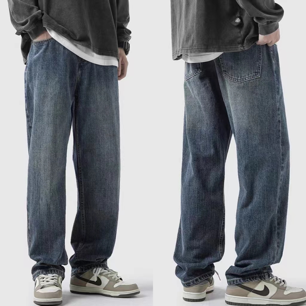 กางเกงยีนส์ขายาวผู้ชาย กางเกงทรงกระบอก สไตล์วินเทจ